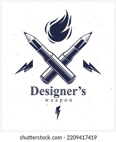 Idea is a weapon concept, weapon of a designer or artist allegory shown as a firearm cartridge cases with pencils instead of bullet, creative power, vector logo or icon.