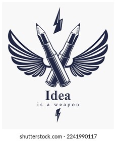 La idea es un concepto de arma, arma de un diseñador o alegoría de artista mostrada como estuches de cartuchos de arma de fuego alada con lápices en lugar de balas, poder creativo, logo vectorial o ícono.