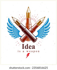 La idea es un concepto de arma, arma de un diseñador o alegoría de artista mostrada como estuches de cartuchos de arma de fuego alada con lápices en lugar de balas, poder creativo, logo vectorial o ícono.