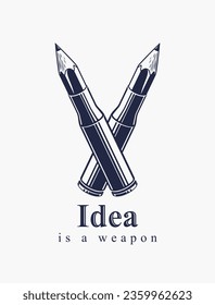 Idea ist ein Waffenkonzept, Waffe eines Designers oder Künstlers Allegory als Feuerwaffenkassette Gehäuse mit Bleistiften statt Kugel, kreative Kraft, Vektorlogo oder Symbol gezeigt.