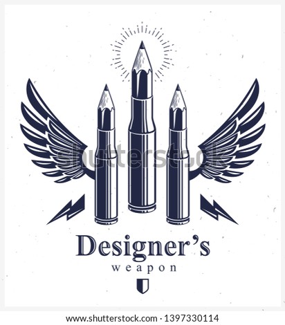 Idea is a weapon concept, weapon of a designer or artist allegory shown as a winged firearm cartridge cases with pencils instead of bullet, creative power, vector logo or icon.