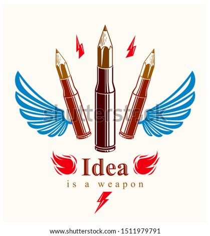 Idea is a weapon concept, weapon of a designer or artist allegory shown as a winged firearm cartridge cases with pencils instead of bullet, creative power, vector logo or icon.