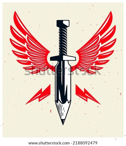 Idea is a weapon concept, weapon of a designer or artist allegory shown as winged sword with pencil instead of blade, creative power, vector logo or icon.