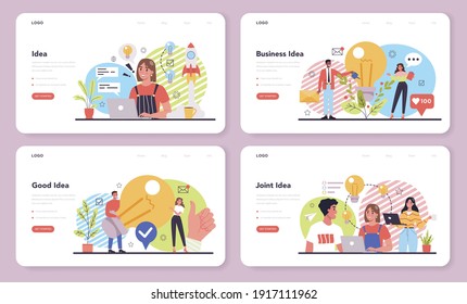 Idea web banner or landing page set. Creative innovation and brainstorm. Solution generation and inspiration. Light bulb as metaphor. Isolated flat vector illustration