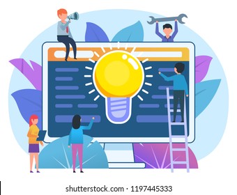 Idea for web business concept. Small people stand near big web page. Poster for banner, social media, presentation. Flat design vector illustration