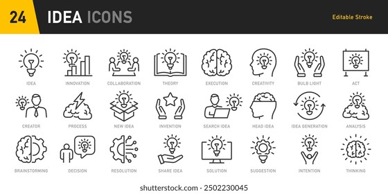 Idea web icons in line style. Innovation, creative, problem solving, light bulb, brainstorming, management, collection. Vector illustration.	