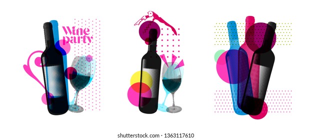 Idea for wine event. Illustration of bottle and wine glass with dotted pattern, retro 80s style, bright colors, pop art. For brochures, posters, invitations or banners. Vector.