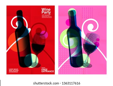 Idea for wine event. Illustration of bottle and wine glass with dotted pattern, retro 80s style, bright colors, pop art. For brochures, posters, invitations or banners. Vector.