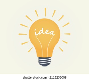 Idea word as glower inside the light bulb or lamp. Rays around the lamp as exclamation maks. Idea concept. Lightbulb symbol. Vector illustration