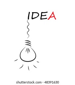 Idea word with hanging bulb isolated on white background