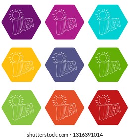 Idea word with light bulb icons 9 set coloful isolated on white for web