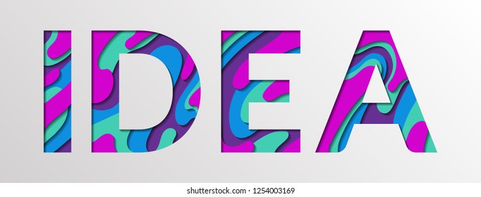 Idea word made of paper cut multi layers letters. Idea you concept banner vector illustration. I, D, E, A alphabet papercut letters making a word idea in blue cyan, purple violet and turquoise.