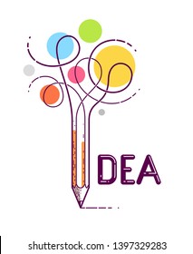 Idea word with pencil instead of letter I, creativity and brainstorm concept, vector conceptual creative logo or poster made with special font.