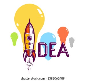 Palabra de idea con cohete en lugar de letra I, concepto de creatividad y lluvia de ideas, logotipo creativo conceptual de Vector o cartel hecho con fuente especial.
