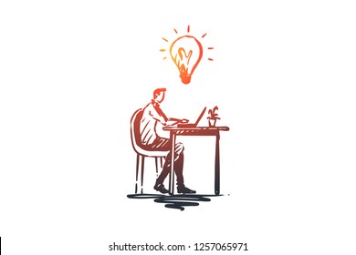 Idea, work, business, laptop, creativity concept. Hand drawn man has an idea while working with laptop concept sketch. Isolated vector illustration.