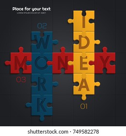 Idea and work is equal to financial success. Illustration of puzzle pieces. Vector.