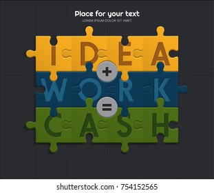 Idea and work is equal to financial success. Illustration of puzzle pieces. Vector.