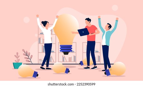 Idea work - Group of people coming up with many great ideas together in office, cheering and being happy with light bulbs all around. Flat design vector illustration