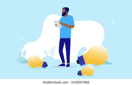 Idea work - Man working alone coming up with new ideas. Business innovation concept, flat design vector illustration with blue background