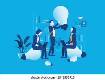 Idea work - three people working on ideas in office, business, big ideas, growth, cooperation, teamwork, success, vector illustration, holding lightbulb. meeting, workshop, growth hack, advertising.