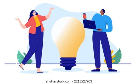 Idea at work - Two office people smiling and working on new ideas. Flat design cartoon vector illustration with white background