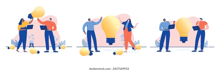 Idea workshop illustrations - Happy smiling people coming up with big ideas working with lightbulb and computers in office. Business creativity concept in flat design vector with white background