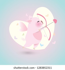 Idea for year of the pig. Little cupid pig flying with heart shape arrow and bow on A big heart shape glowing like the moon. Vector illustration for Valentine’s day.