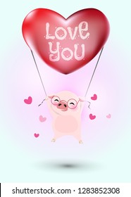 Idea for year of the pig. Little pig flying with heart balloon. Red heart shape balloon decorated with word, love you. Vector illustration for Valentine’s day.