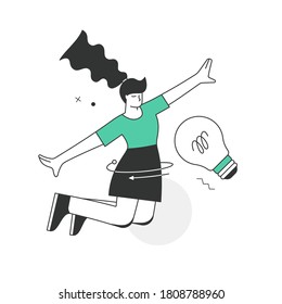 Idea. The young woman flies in the air with a bulb nearby. The concept of creativity, idea, and success. Scenes from the world of business and technology for your next project