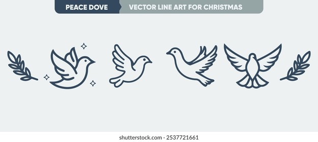 Ideal for Christmas and New Year: Minimal Thin Line Peace Dove Icon Set, Web Outline Icons, Simple Vector
