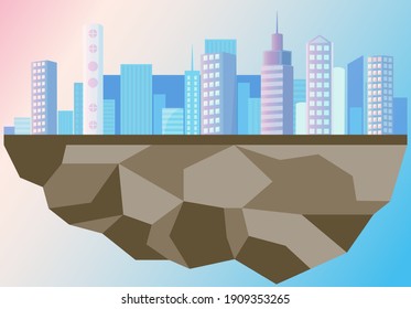 Ideal City Isolated On Remaining Piece Of Land. Creating Utopia During Environmental Problems. Skyscrapers And High-rise Buildings Vector Illustration. Modern Town Landscape And Architecture