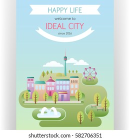 Ideal city poster template. Abstract idyllic landscape with colorful houses and town park. Flat design style. Banners and space for custom text. Vector illustration.