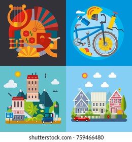 Ideal city poster template. Abstract idyllic landscape with colorful houses and town park. Flat design style. Theater symbol. Bike isolated icon vector illustration. Banners and space for custom text.