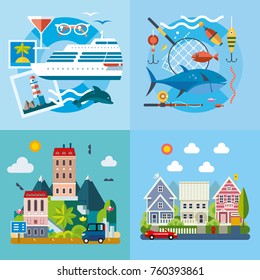 Ideal city poster template. Abstract idyllic landscape with colorful houses and town park. Liner on the sea. Sport fishing. Flat design style. Vector illustration.