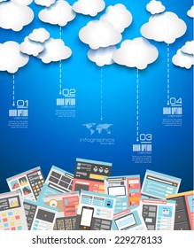 Ideal Cloud technology background with Flat style. A lot of design elements are included: computers, mobile devices, desk supplies, pencil,coffee mug, sheeets,documents and so on