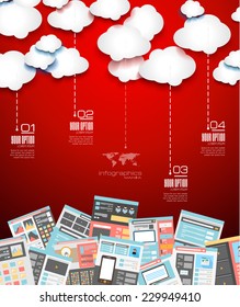 Ideal Cloud technology background with Flat style. A lot of design elements are included: computers, mobile devices, desk supplies, pencil,coffee mug, sheeets,documents and so on