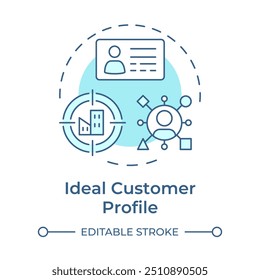 Icono de concepto azul suave de perfil de Cliente ideal. Estrategia de marketing, dirigida a los consumidores. Ilustración de línea de forma redonda. Abstractas idea. Diseño gráfico. Fácil de usar en infografía, presentación