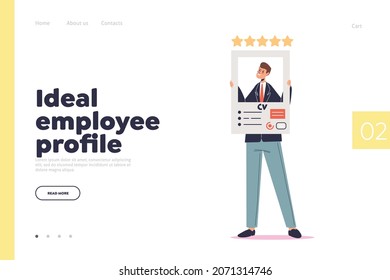 Ideal Employee Profile Concept Of Landing Page With Employee Candidate Holding Perfect Cv Resume Looking For Vacancy Job Position. Human Resources And Recruitment. Cartoon Flat Vector Illustration