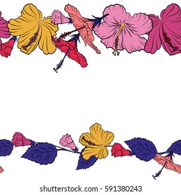 Ideal for fabric or textile. Horizontal vector of hibiscus flowers on a white. Creative universal floral pattern with copy space in magenta, yellow and pink colors. Hand drawn tropical style texture.