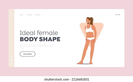 Ideal Female Body Shape Landing Page Template. Woman Inverted Triangle Posing in Bikini or Linen Panties and Bra. Character Figure Type with Wide Shoulders and Narrow Hips. Cartoon Vector Illustration