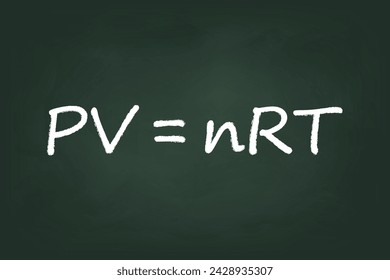 Ideal gas law formula "PV=nRT" chalked on a dark green classroom board, illustrating principles of thermodynamics