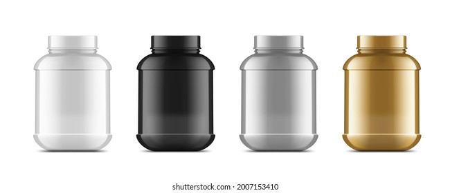 Ideal Glossy Plastic Jar With Lid For Protein, Mass Gainer, Powder, Pills Or Medical. White, Silver, Golden And Black One. EPS10 Vector