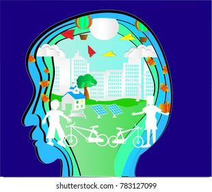 Ideal for green earth ,Eco concept and saving energy with solar farm and wind turbines with building background, Butterflies flying above it and sun clouds background, vector art and illustration. 