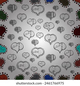 Ideal for greeting card. Vector. Seamless colorful boho pop art style. Nice hearts love on white, gray colors on cute background. Summer style illustration with cute elements. Love and happy designs.