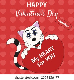 Ideal Happy Valentine's Day greeting brochure cover template design. Valentine Day art with fun cat and red Heart. Vector illustration for invitation postcard card poster cover. EPS 10