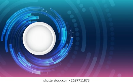 Ideaal voor high-tech, innovatie, wetenschap en IT presentaties of technologie-thema visuals. Futuristische digitale achtergrond met een cirkelvormig ontwerp en gloeiende blauwe geometrische vormen.