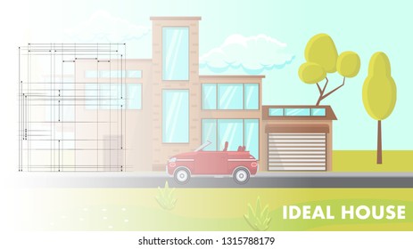 Ideal House Design Flat Vector Illustration. Contemporary Building Exterior Layout. Web Banner, Poster Idea with Text Space. Modern House Project and Floor Plan. Modern Apartment Construction