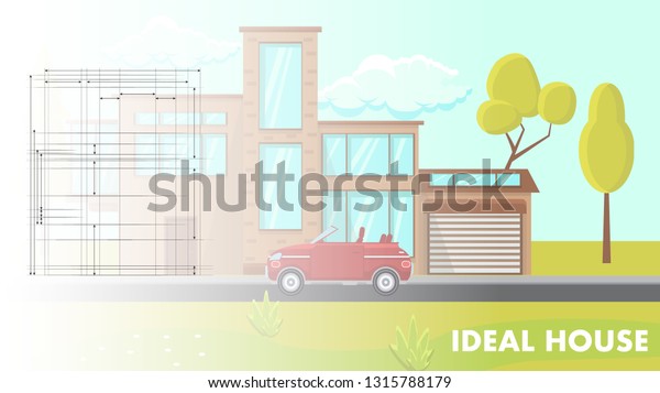 Ideal House Design Flat Vector Illustration.\
Contemporary Building Exterior Layout. Web Banner, Poster Idea with\
Text Space. Modern House Project and Floor Plan. Modern Apartment\
Construction