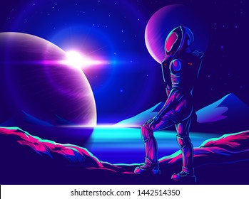 An ideal illustration of a spaceman on an unknown planet, somewhere in universe.