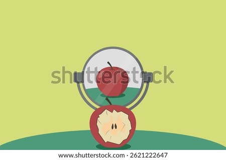 ideal image of a bitten apple in a mirror